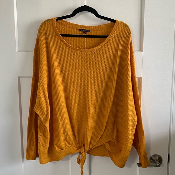 Olivia Sky Tops - Olivia Sky Waffle Knit Mustard Long Sleeve w/ Tie